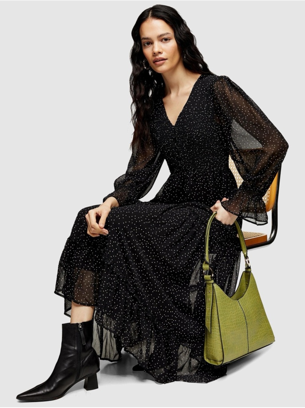 Topshop black and white spot shirred chuck on maxi dress size 10